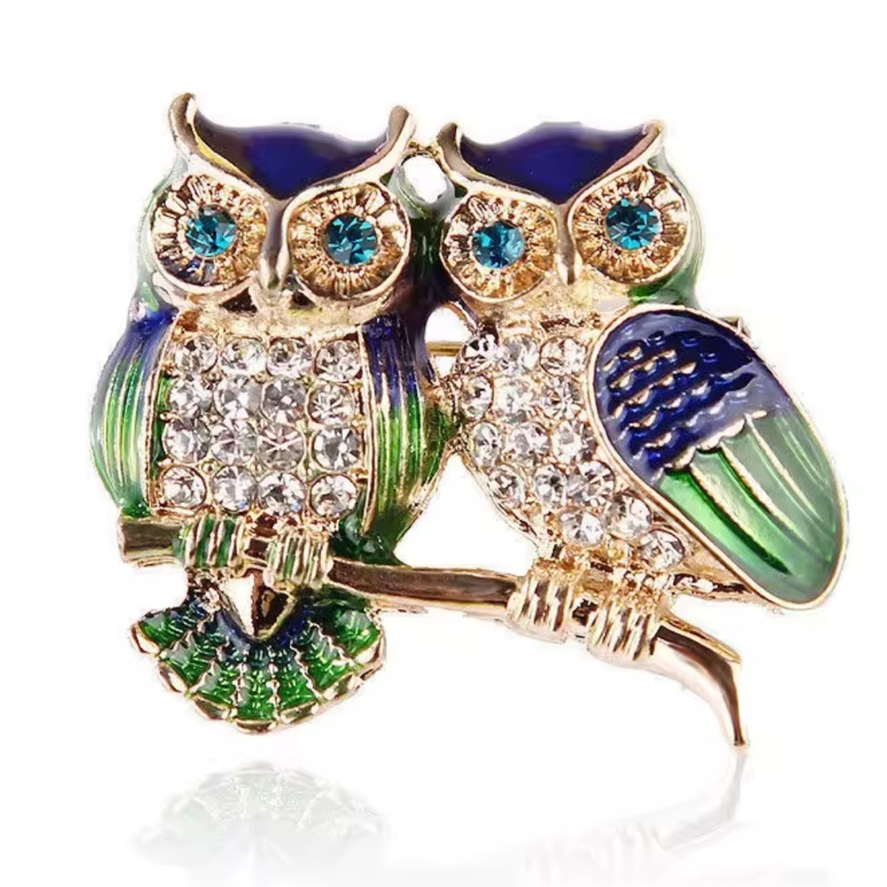 Vintage Owl Brooch With Blue And Green Accents